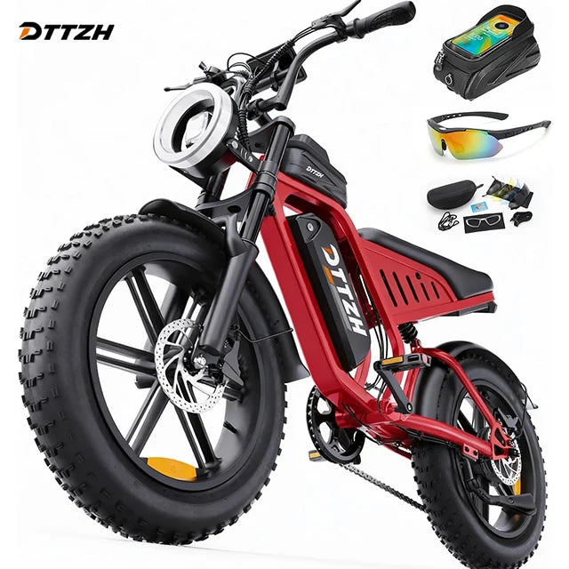 Red electric bike with accessories on a white background