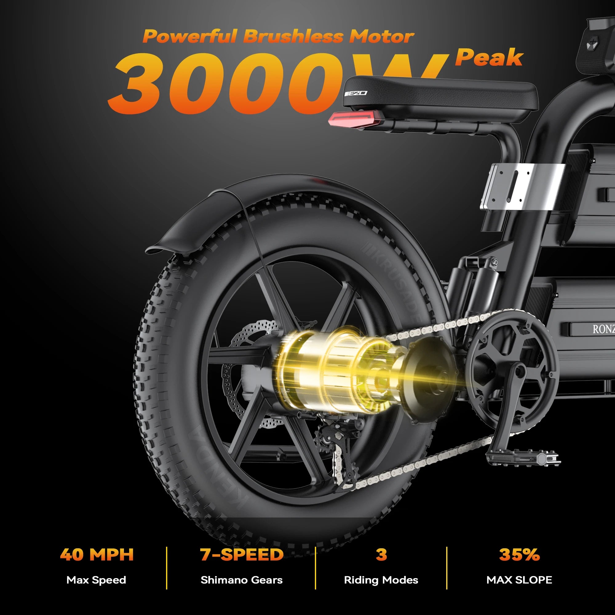 Electric bike with a highlighted brushless motor and specifications on a dark background