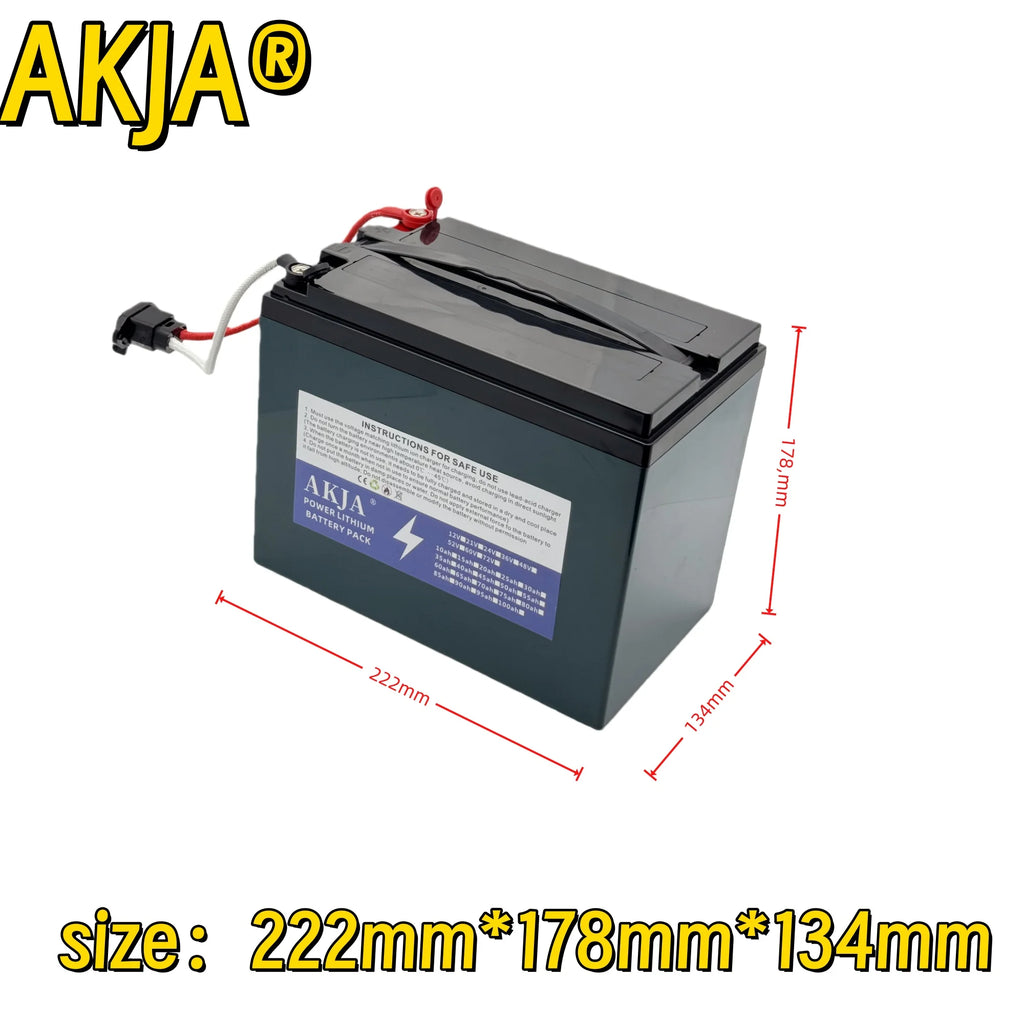 AKJA battery with red and white terminal wires, shown on a white background with red dimension lines and text indicating size 222mm*178mm*134mm.