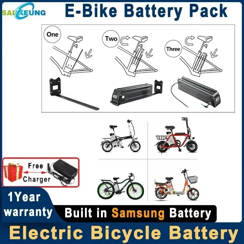Saikeung E-Bike Battery Pack promotional graphic showing line drawings of battery installation configurations (one, two, and three batteries), a free charger offer, a 1-year warranty badge, and small photos of various folding and electric bicycles to demonstrate use.