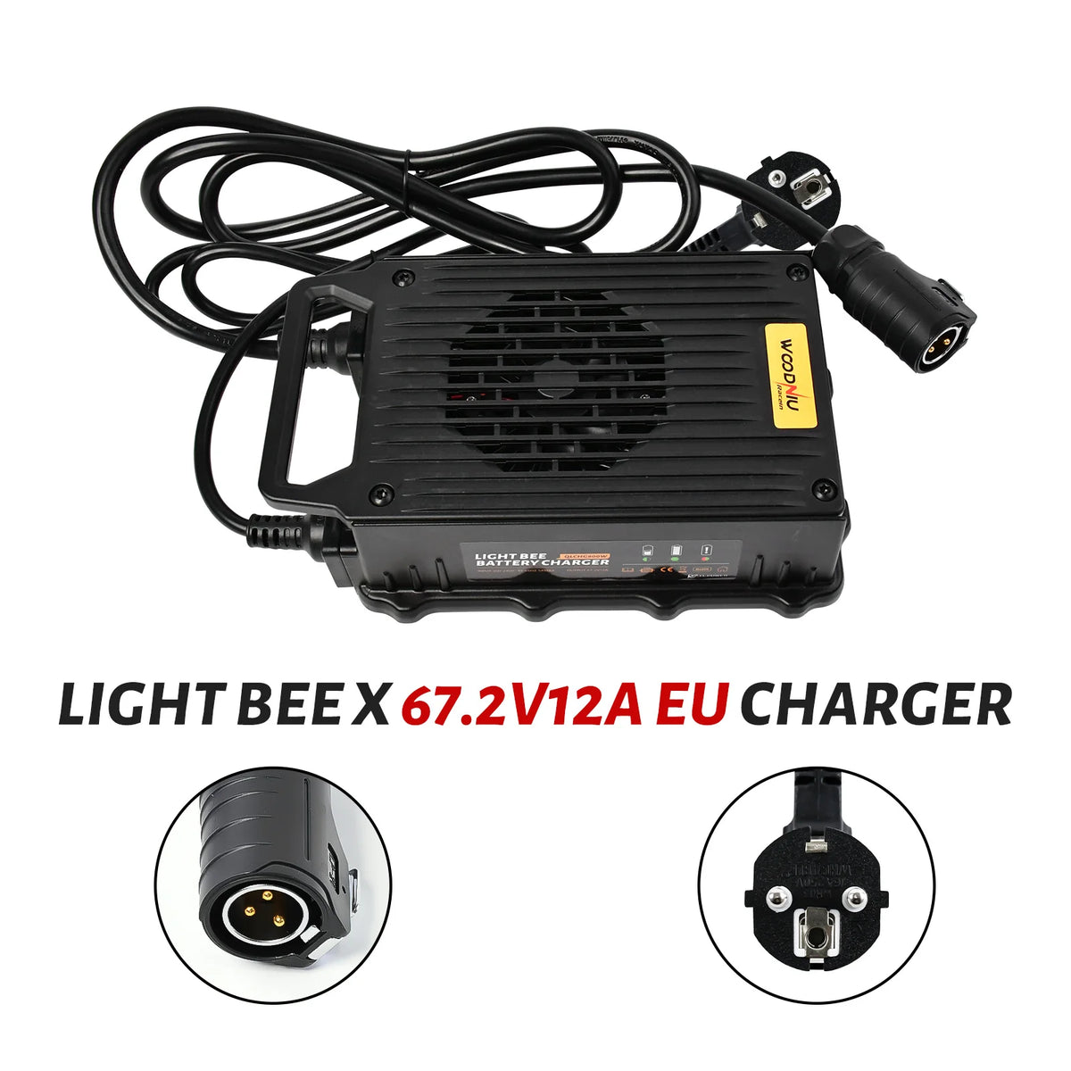 Black Light Bee X 67.2V 12A EU charger power adapter with a coiled power cord, circular connector plug, and power outlet plug, shown on a white background with text and detail insets.
