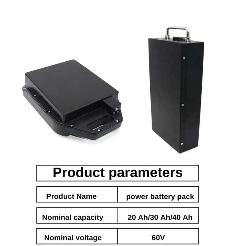 A black rectangular power battery pack shown from two angles on a white background, with a product parameters table below. The table lists the product name as power battery pack, nominal capacity as 20 Ah/30 Ah/40 Ah, and nominal voltage as 60V.