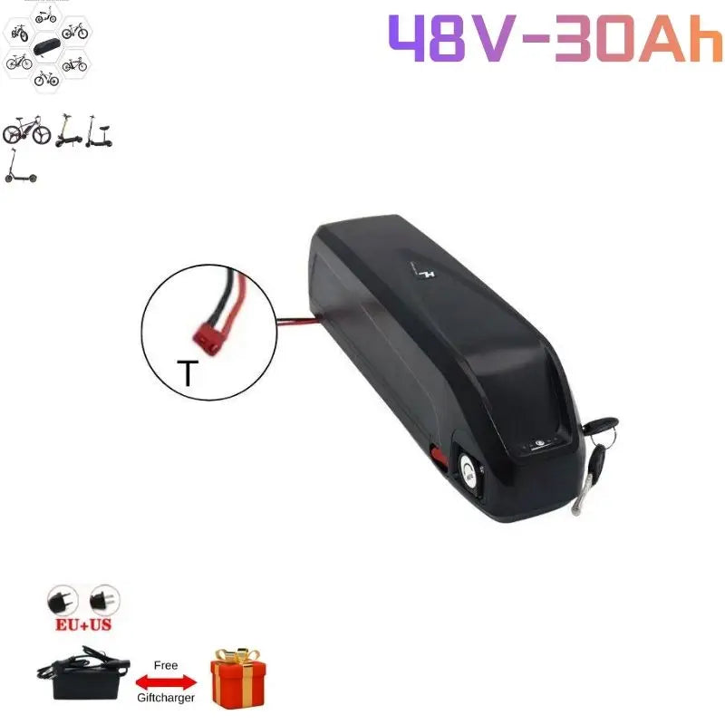 Black battery pack with specifications on a white background