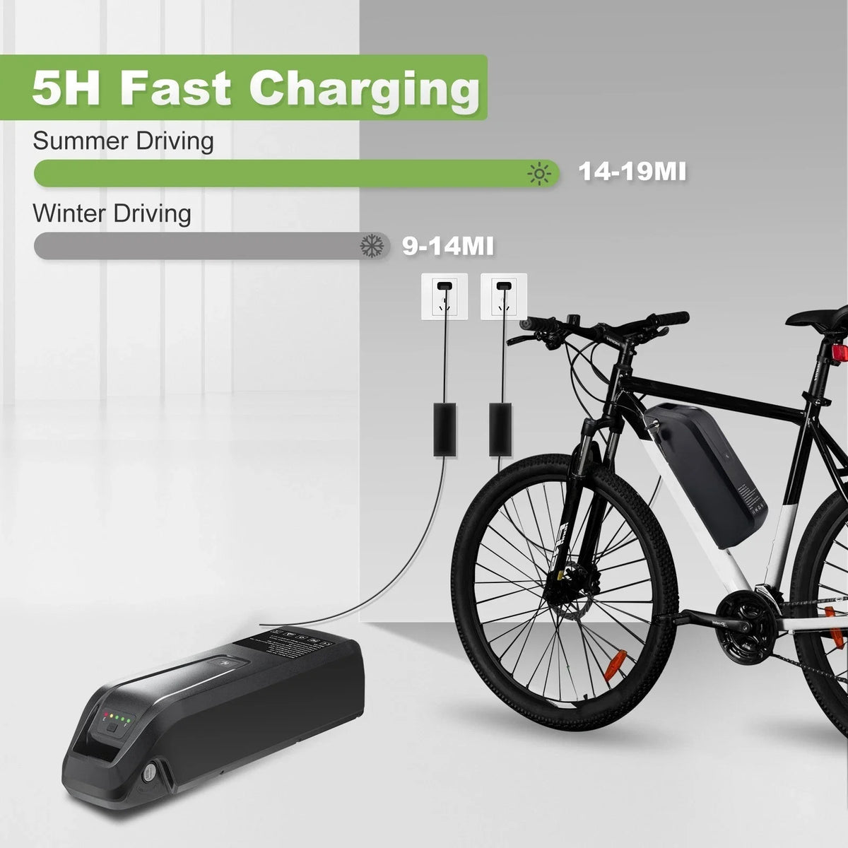 An electric bicycle with a black battery pack is shown charging from a matching black portable charger. The image includes text overlays highlighting '5H Fast Charging' and battery range estimates for summer and winter driving, set against a clean light gray background.