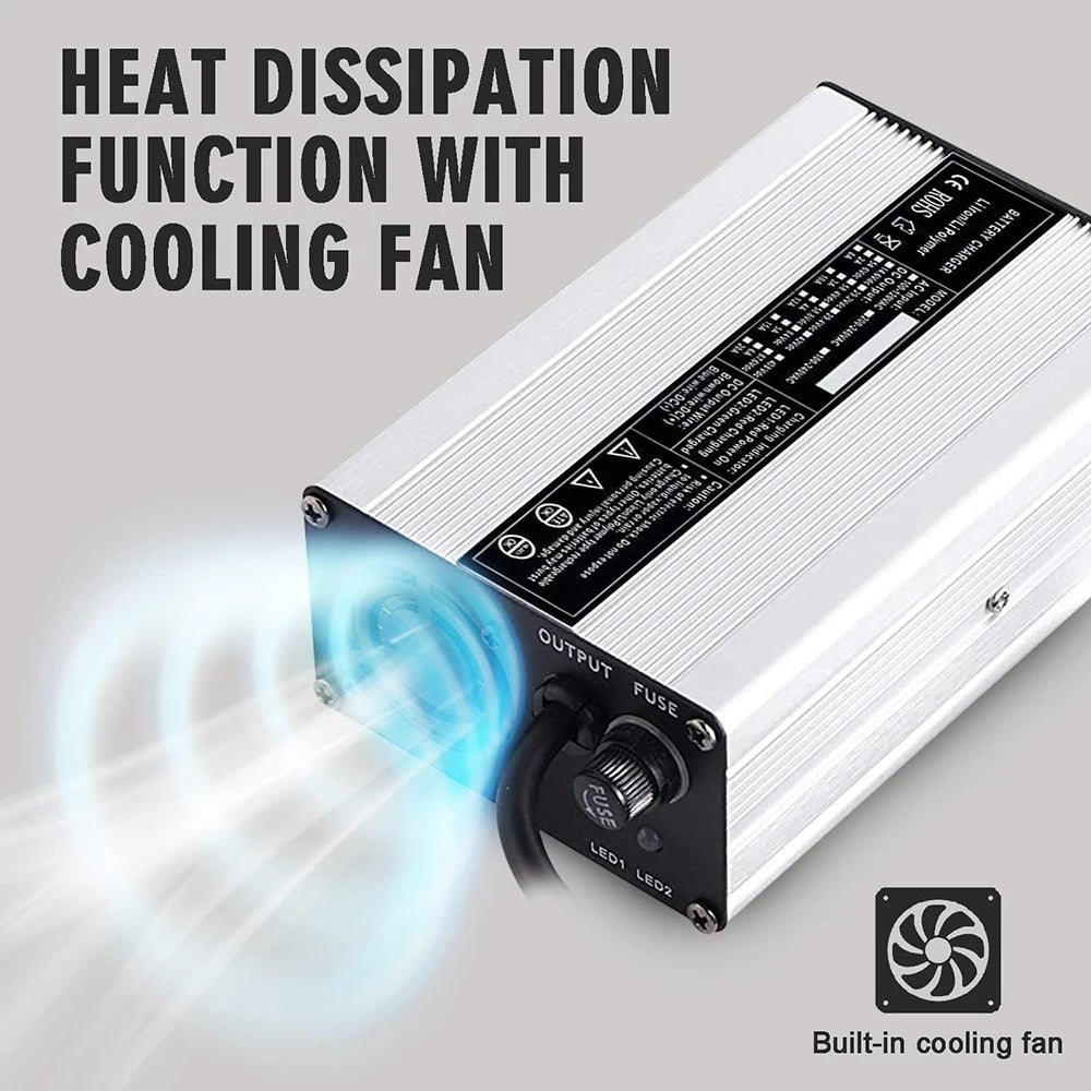 A silver and black rectangular cooling fan projector power adapter shown on a light gray background, with large text reading 'HEAT DISSIPATION FUNCTION WITH COOLING FAN,' a blue airflow graphic, and a small fan icon labeled 'Built-in cooling fan.'.