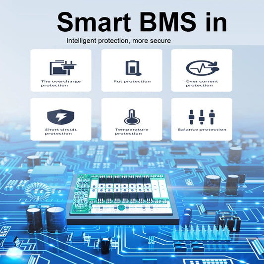 Smart BMS system with protection features on a blue circuit board background