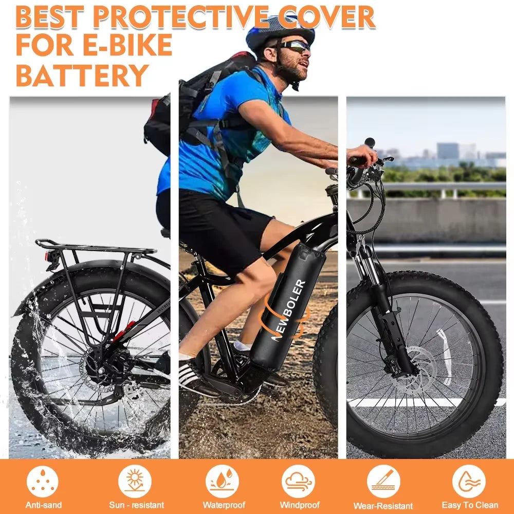 Promotional graphic for an e-bike battery cover, featuring a split three-panel lifestyle image of a man riding an e-bike and close-up views of the battery mounted on the rear wheel and front fork. The battery is black with orange text reading 'EVO BLOGGER'.