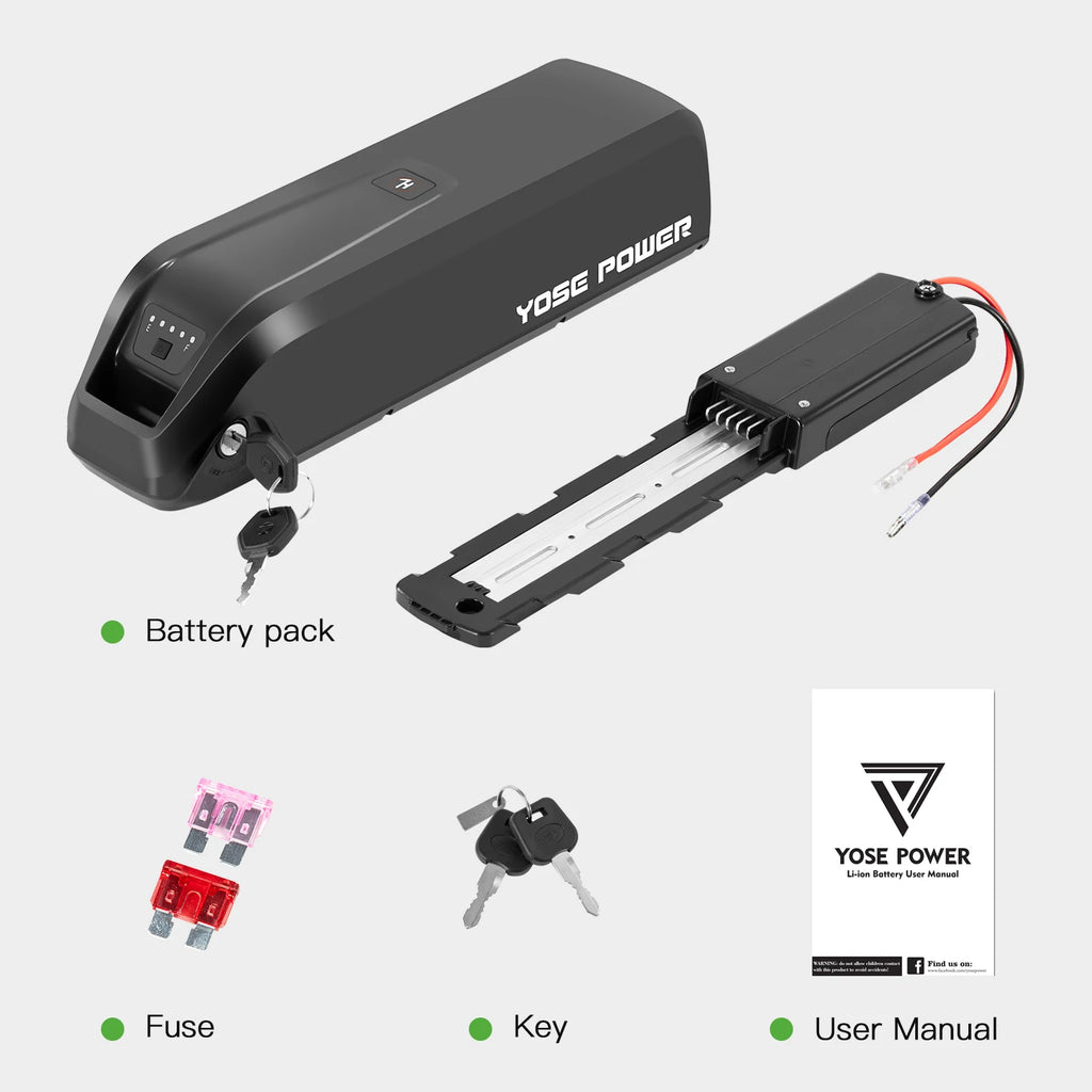 Yose Power portable electric bicycle battery pack kit shown on a light gray background, including the main black battery pack with key, a battery terminal strip, a red fuse, a key, and a user manual. Text labels identify each included item.