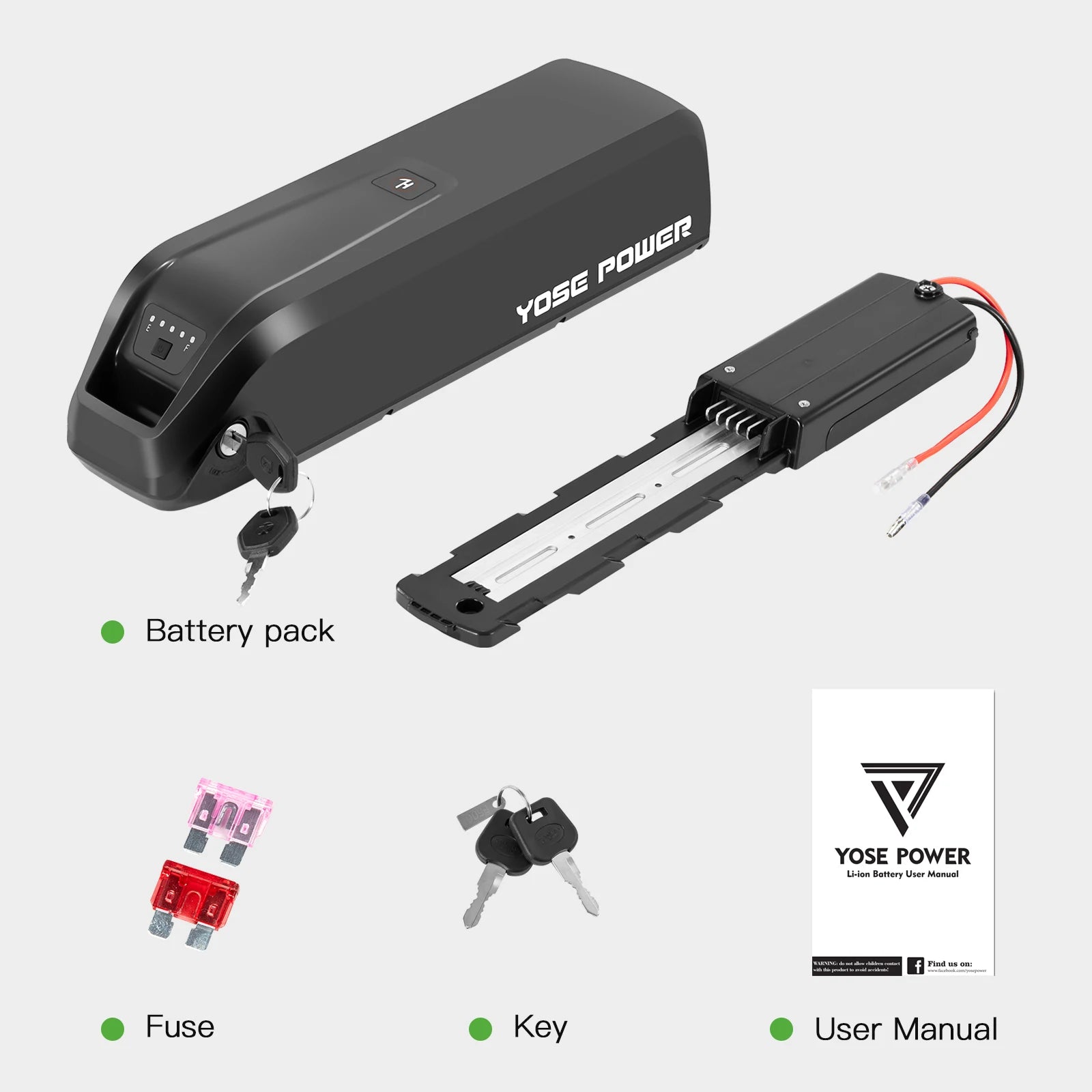 Yose Power portable electric bicycle battery pack kit shown on a light gray background, including the main black battery pack with key, a battery terminal strip, a red fuse, a key, and a user manual. Text labels identify each included item.