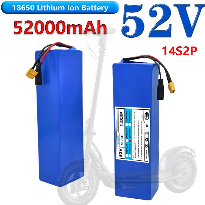 Two blue 18650 lithium ion batteries shown on a white background with a faint scooter outline. Large text overlays read '18650 Lithium Ion Battery', '52000mAh', '52V', and '14S2P'.