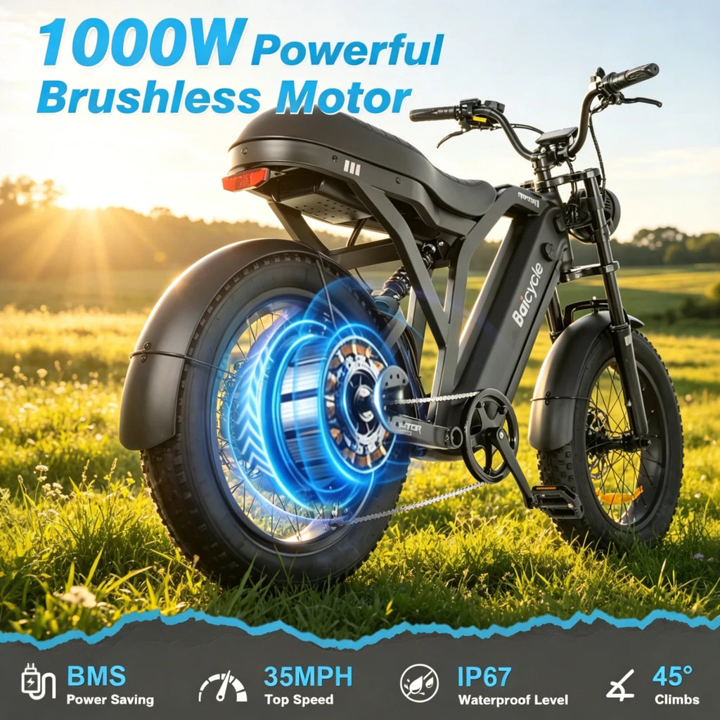 A black electric fat-tire bicycle shown outdoors in a grassy field at sunset, with large text reading '1000W Powerful Brushless Motor' and feature icons along the bottom including BMS, 35MPH top speed, IP67 waterproof, and 45° climbs.