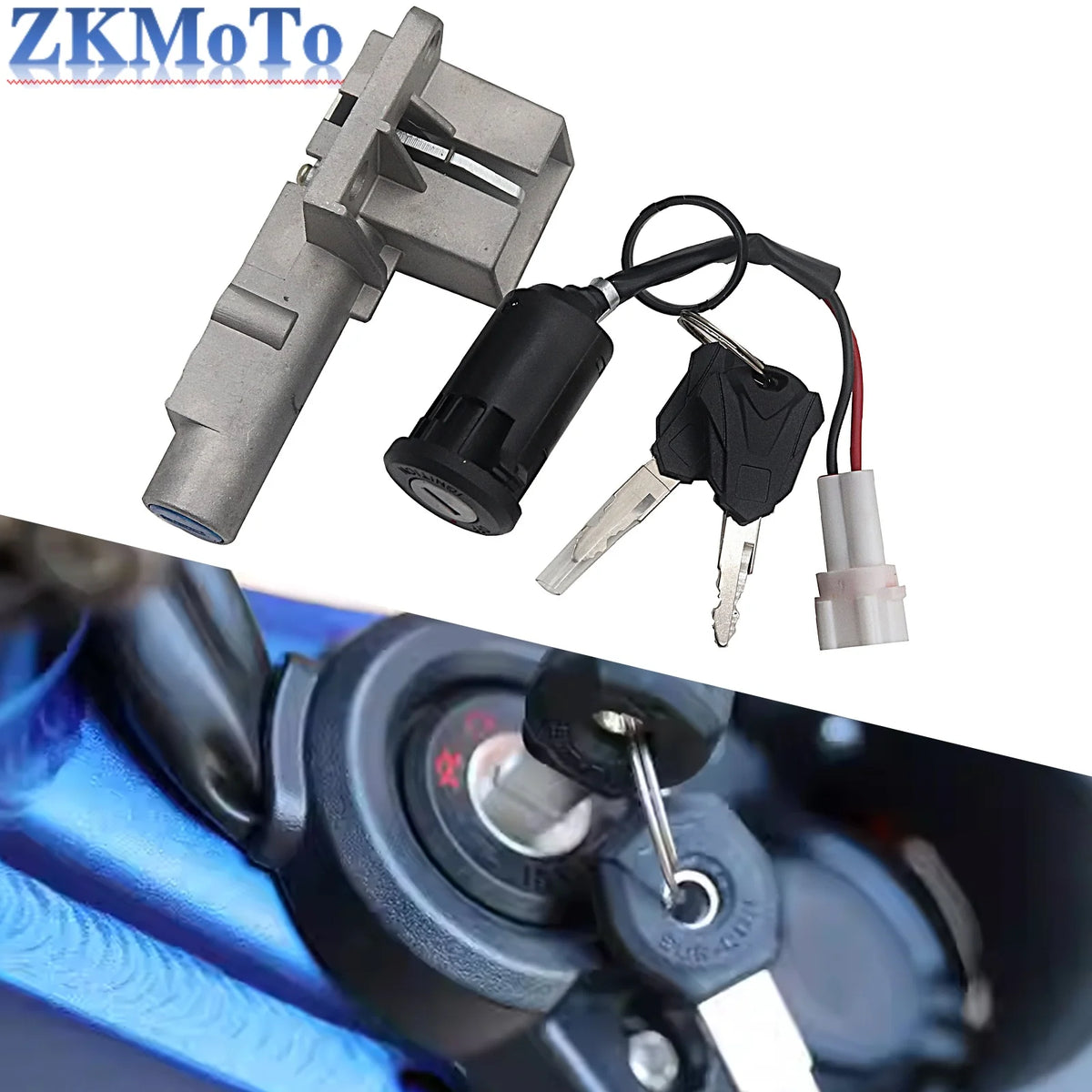 A motorcycle or scooter ignition lock cylinder kit shown on a white background, with a close-up inset of the lock installed in a blue engine component. The product includes a silver metal lock body, a black cylindrical lock housing, two keys, and a wiring connector.