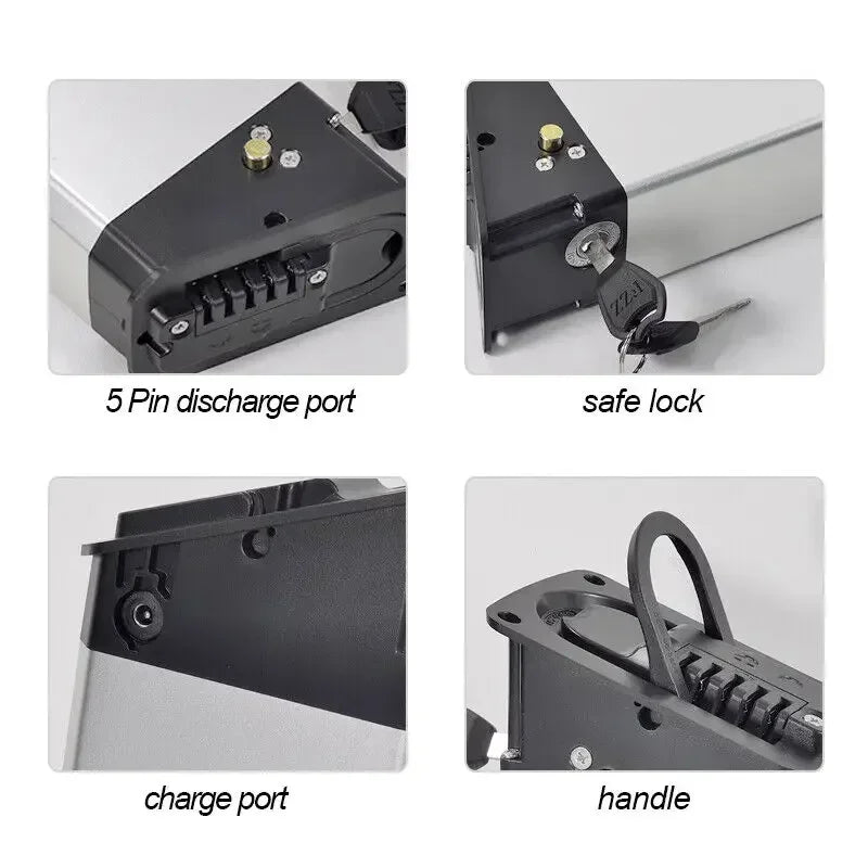 Four-panel product feature diagram showing a black electronic lockbox unit: a 5-pin discharge port, a safe lock with key, a charging port, and a handle, with labels on a light gray background.