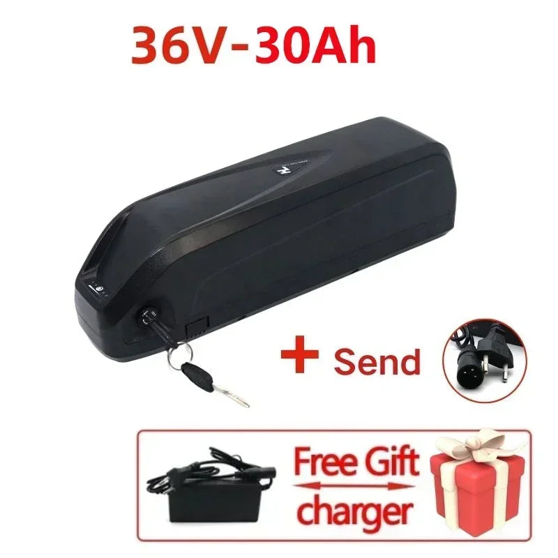 A black rectangular electric bicycle battery pack with a key attached, shown on a white background with red text reading '36V-30Ah' and promotional graphics including 'Send' and a 'Free Gift charger' inset.