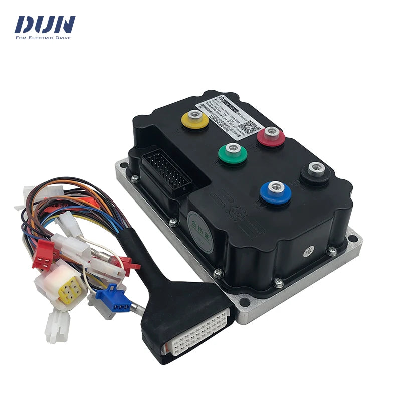 A black and silver electronic control module with colorful terminal buttons and a bundle of multicolored wiring connectors, shown on a white background with a DUN brand logo in the top left corner.