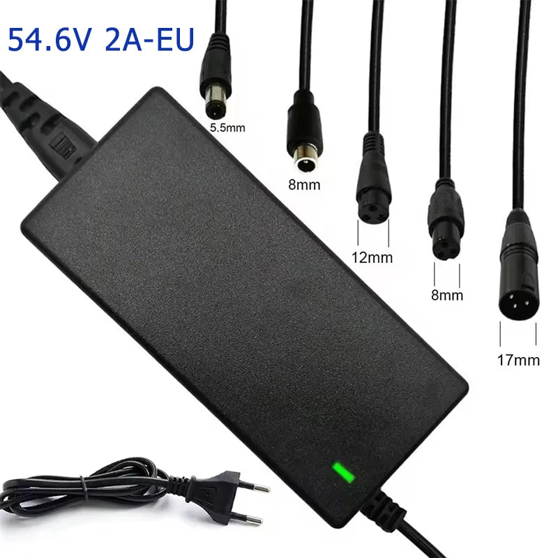 Black 54.6V 2A EU wall adapter with multiple connector cable options shown beside it, including 5.