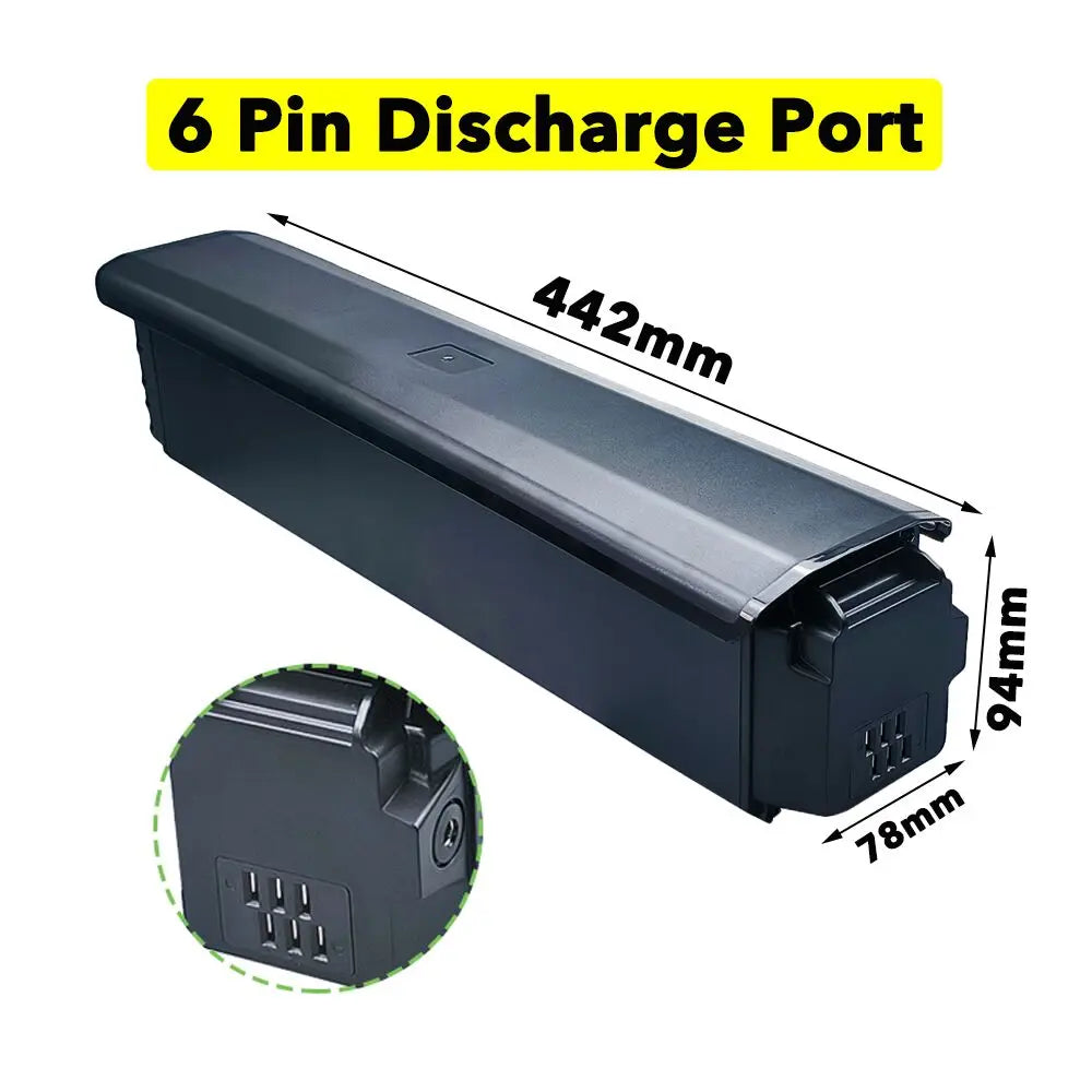 Black rectangular 6 pin discharge port battery replacement part with dimension labels showing 442mm, 94mm, and 78mm, plus a circular inset showing the 6-pin connector detail.