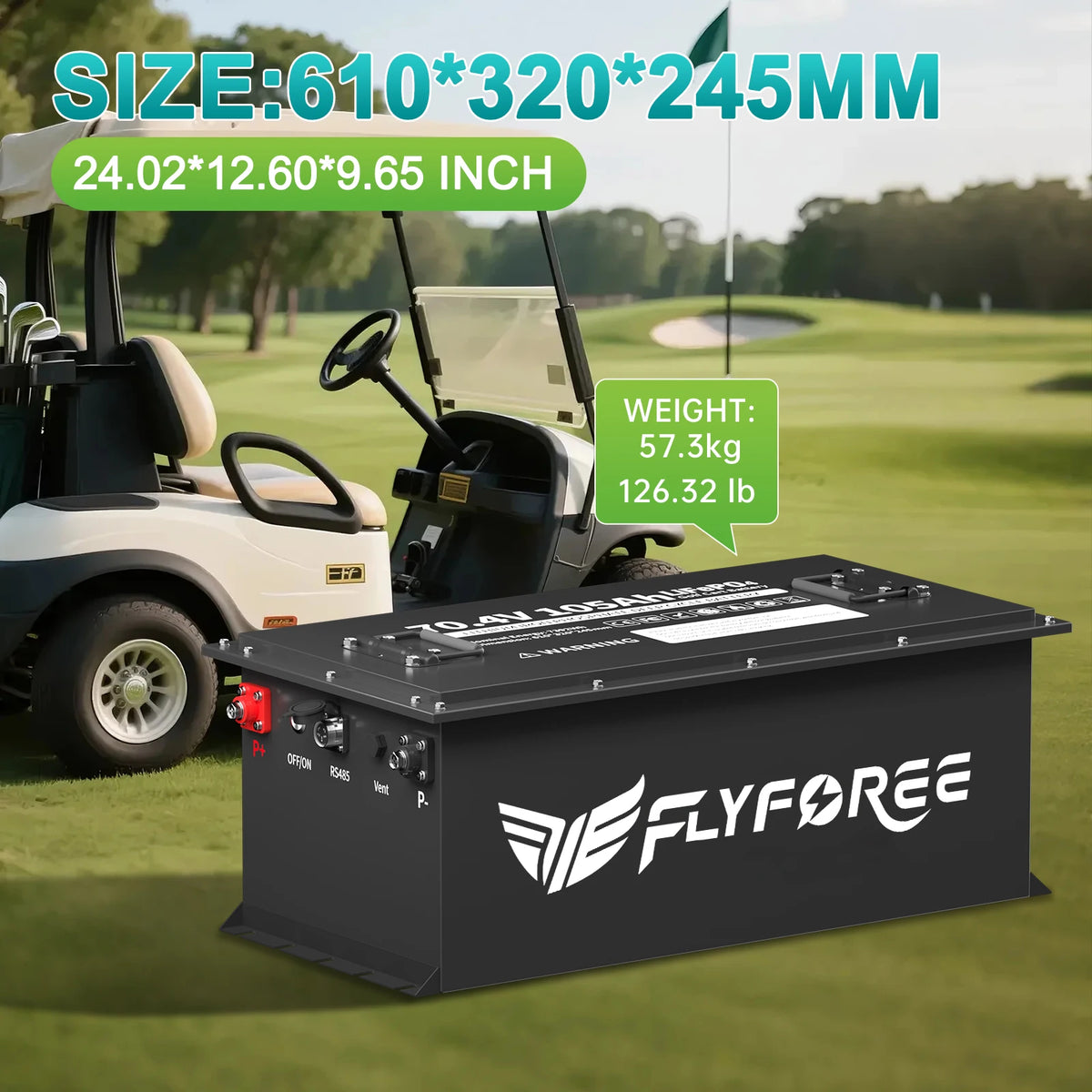 A black Flyforce golf cart battery shown in the foreground on a golf course, with a golf cart blurred in the background. Large text overlays display the battery's dimensions (610*320*245mm), weight (57.