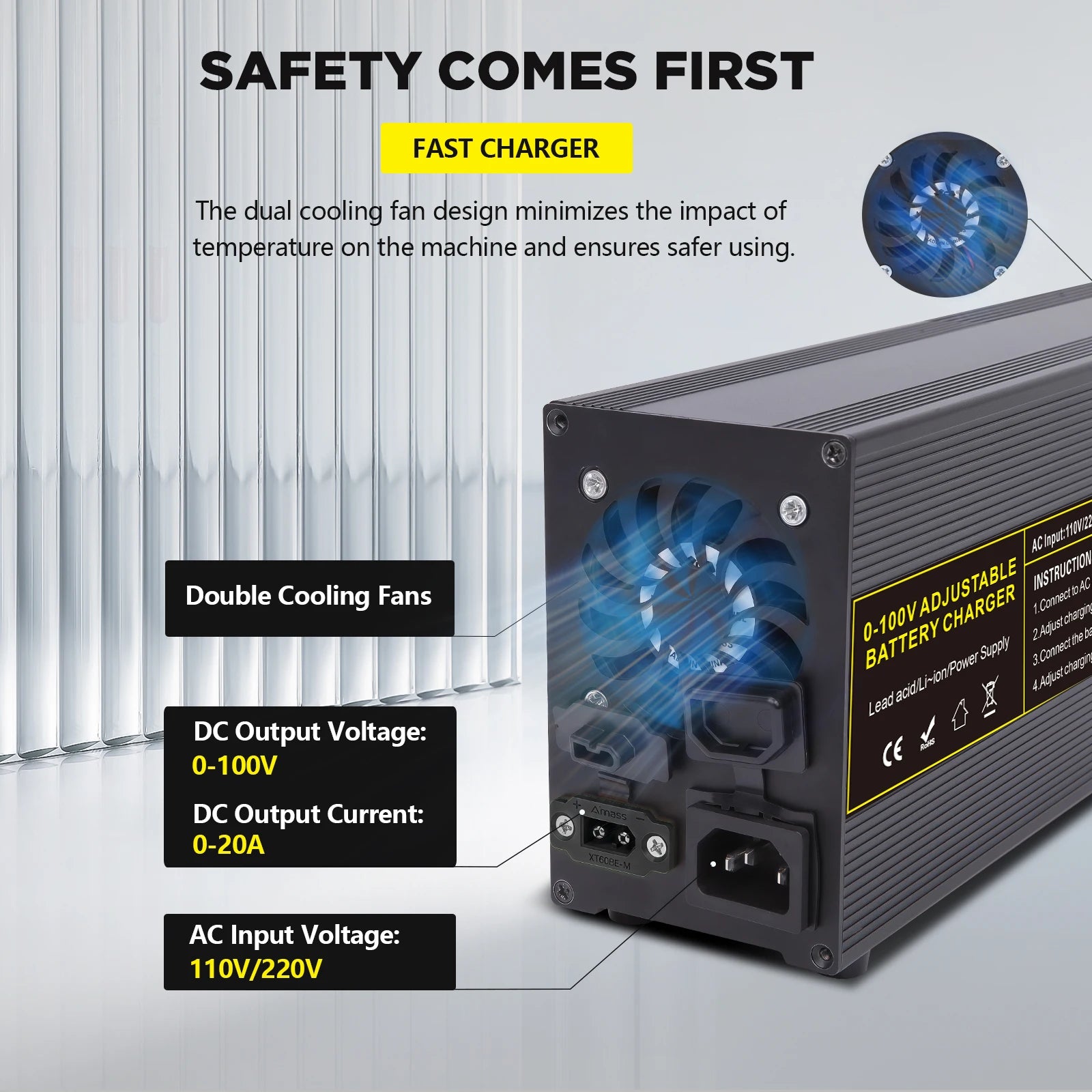 Battery charger with cooling fans and specifications on a gray background