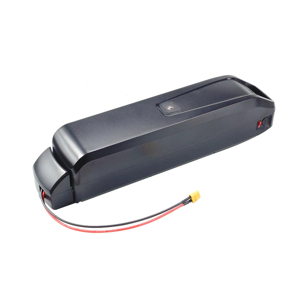 A black rectangular electric bicycle battery with a small top button, a red side switch, and two wires (red and black) ending in a yellow connector, shown on a white background.