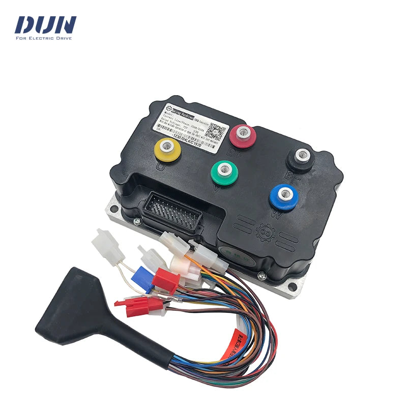 DUN brand electric drive controller module with attached wiring harness and terminal connector tool, shown on a white background.