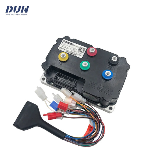 DUN brand electric drive controller module with attached wiring harness and terminal connector tool, shown on a white background.