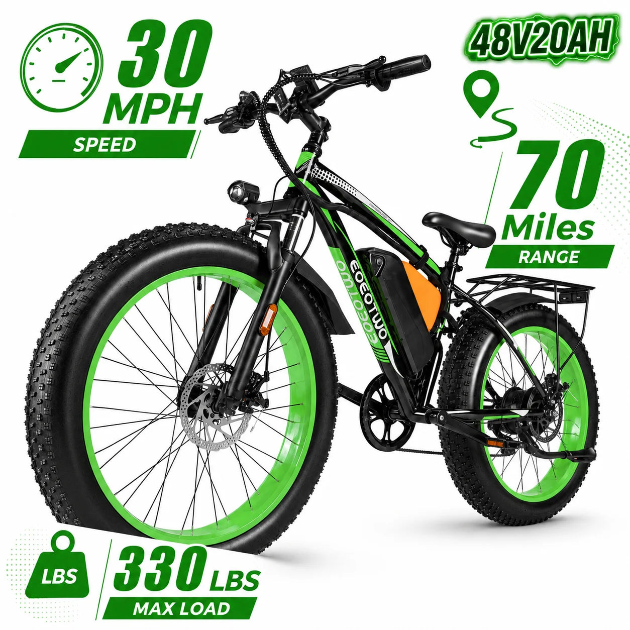 A black and green electric fat tire bike with a battery pack mounted on the frame, shown on a white background with promotional text overlays detailing speed, range, and load capacity.