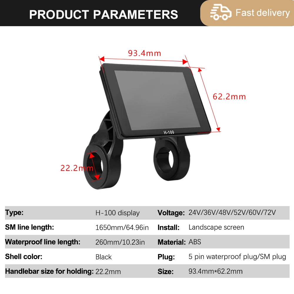 Product parameters diagram for a black H-100 landscape display stand, showing the dimensions of the screen (93.4mm x 62.