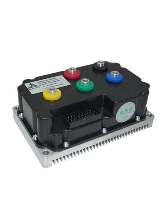 A black electronic control module with a silver metal heat sink base, featuring four colored terminal buttons (yellow, green, red, blue) and a connector port on the front, set against a plain white background.
