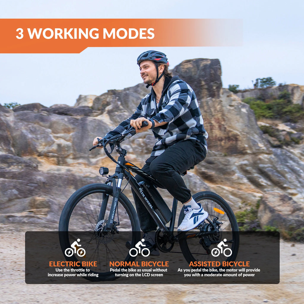 Man riding an electric bike with text on working modes against a rocky landscape.