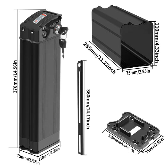 Black rectangular electric battery shown with multiple dimension callouts and measurement lines on a white background, including height, width, and depth measurements.