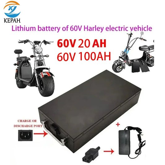 Lithium battery pack for 60V Harley electric vehicle with specifications and charging port illustration.