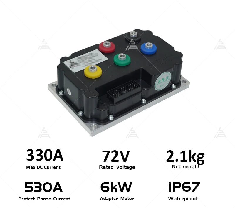 An industrial electric motor drive control box with a black plastic housing, silver metal base, and colorful terminal buttons (red, green, blue, yellow). Below the product, text specifications are displayed on a white background.