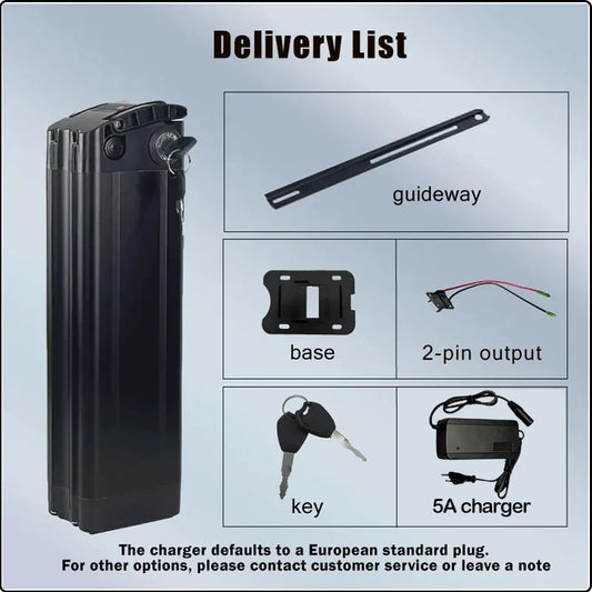 Delivery list graphic showing a black rectangular battery pack alongside included accessories: a metal guideway bar, a mounting base, a 2-pin output connector, keys, and a 5A charger, on a light blue background.
