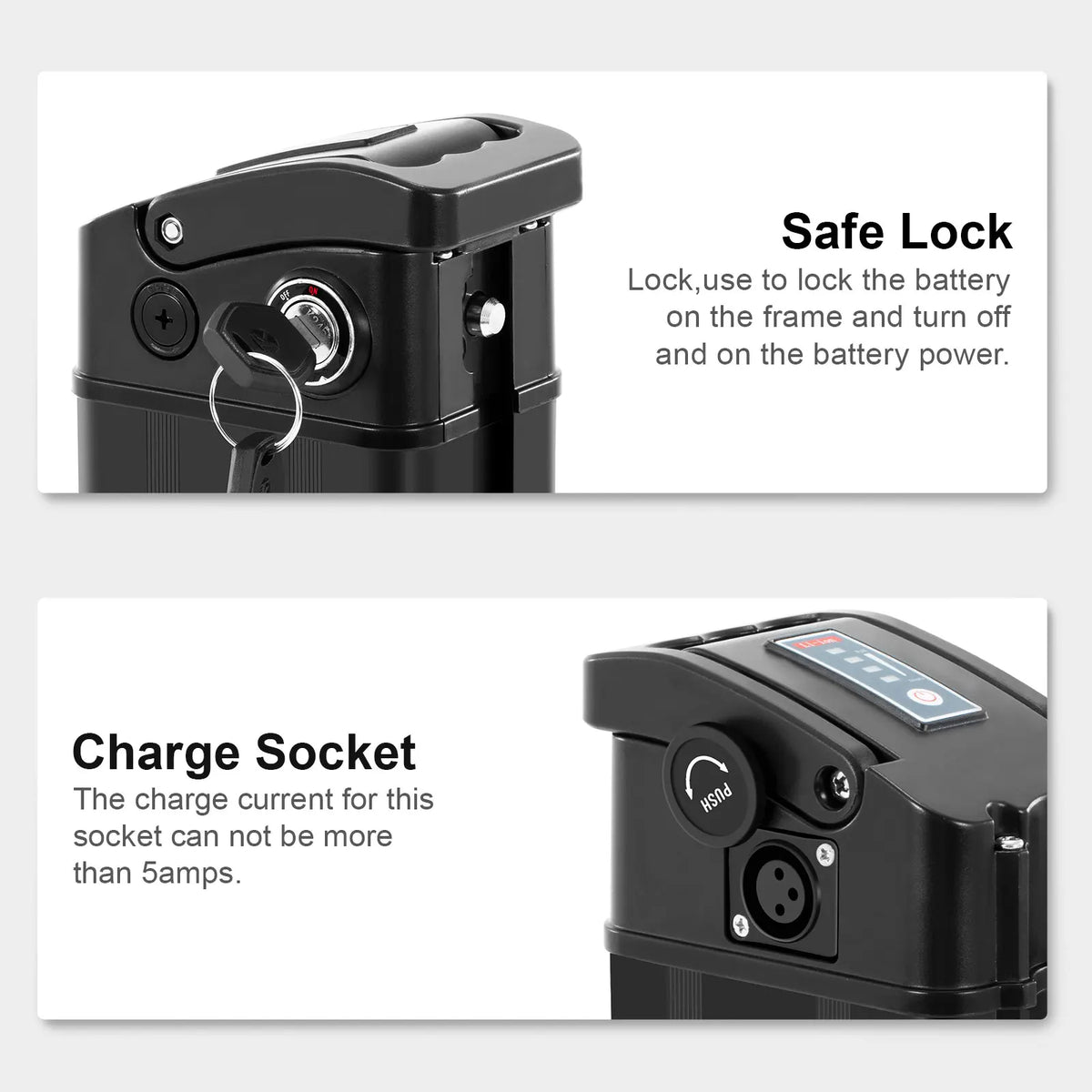 A black electric scooter battery frame showing two functional details with text labels: 'Safe Lock' with a key inserted, and 'Charge Socket' with a 12V port, on a white background.