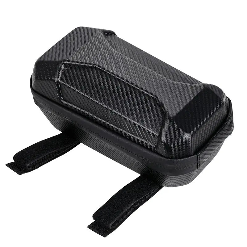 A black carbon fiber pattern bicycle saddle bag with two black mounting straps, shown on a solid white background.