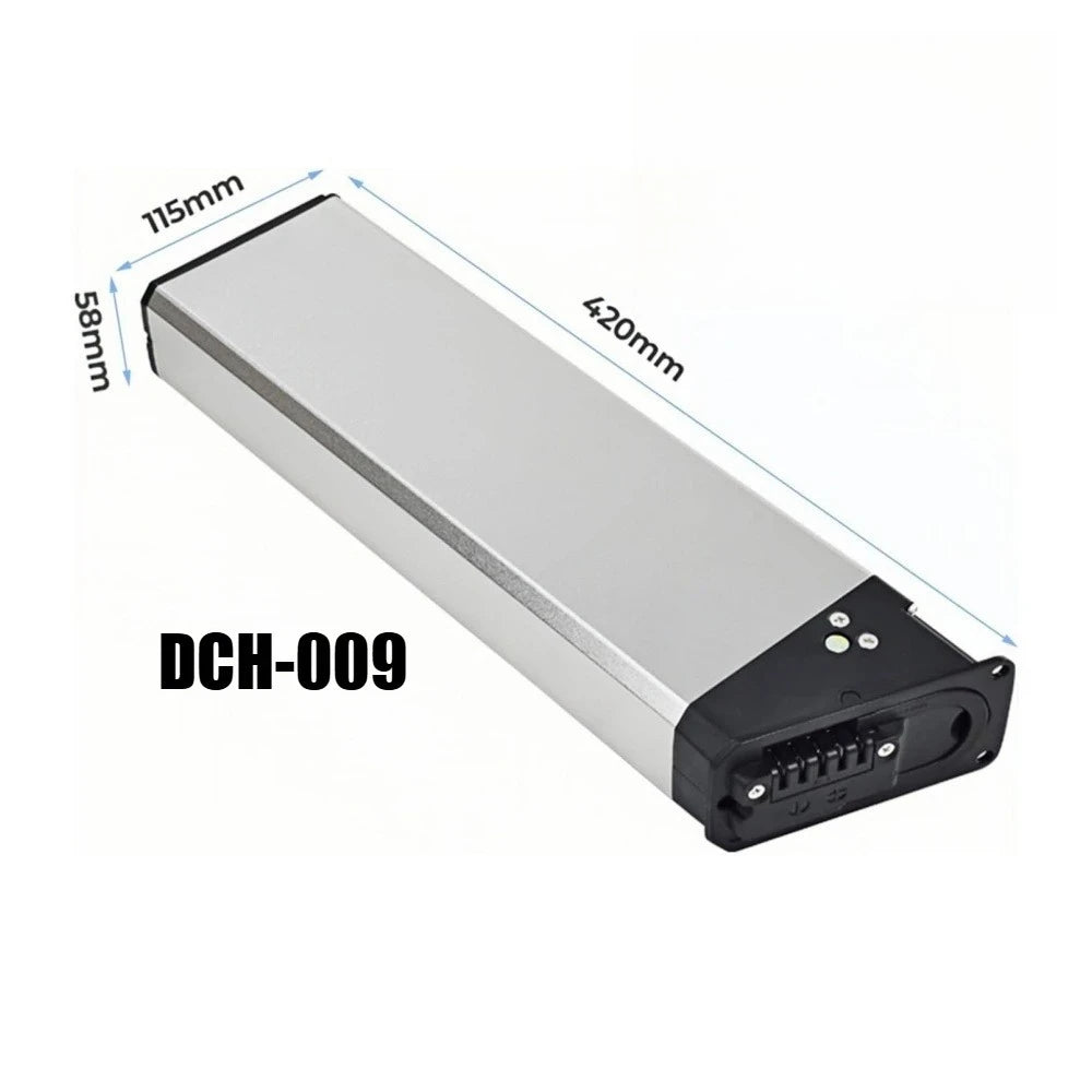 Silver rectangular battery pack with black end caps, shown at an angle on a white background with dimension labels 115mm, 420mm, and 58mm, plus model text DCH-009.