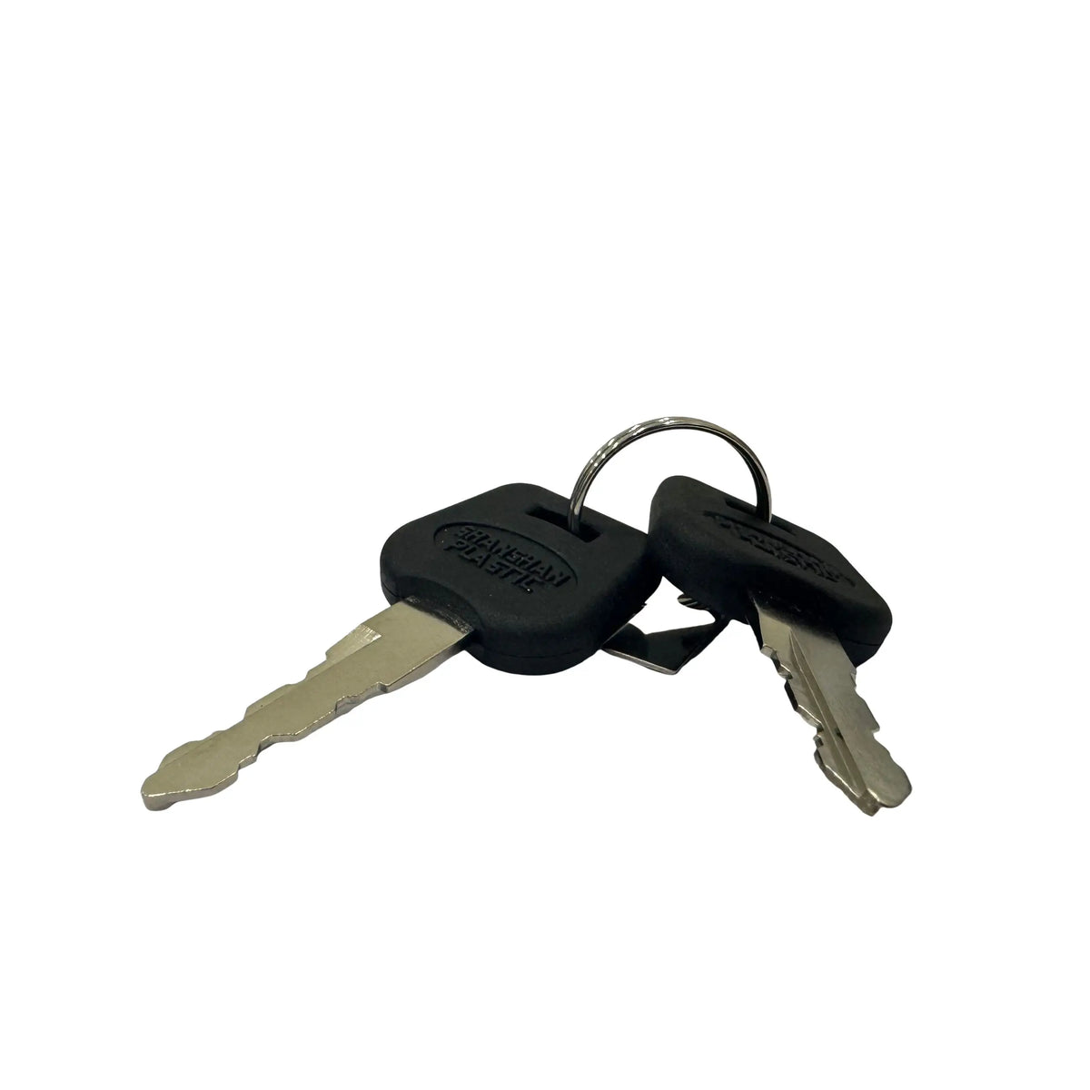 Two metal keys with black plastic key fobs attached to a small metal keyring, shown on a plain white background.
