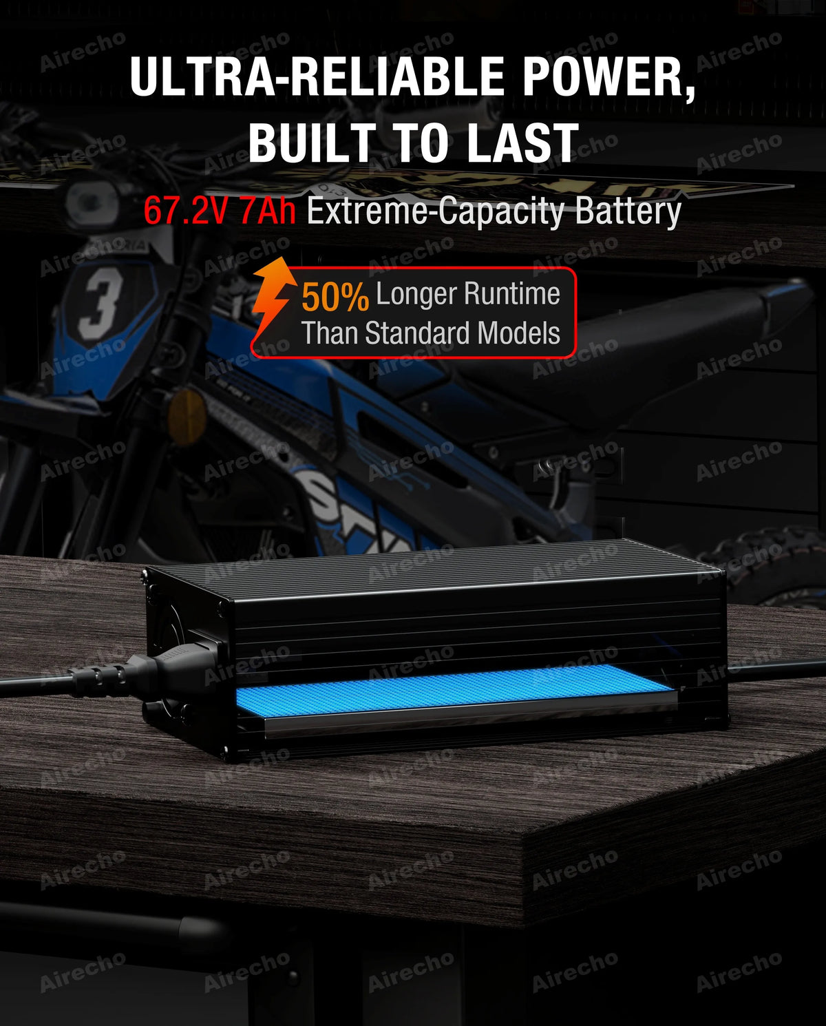 A black rectangular battery charger or battery unit with a glowing blue light bar, shown on a dark wooden surface with promotional text above. The background is a blurred outdoor scene with a motorcycle.