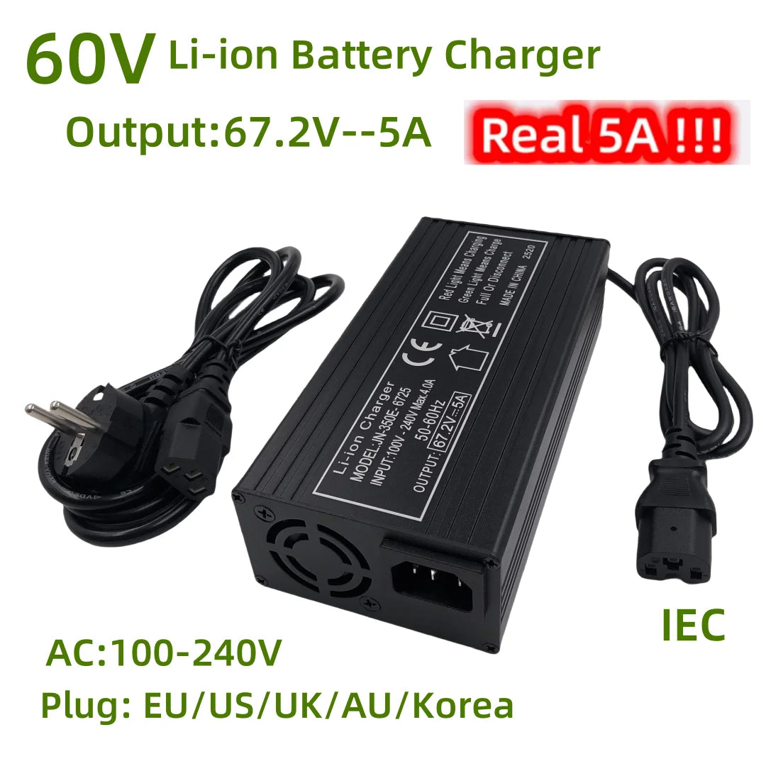 Black 60V Li-ion battery charger with a 3-prong AC power plug and a multi-pin connector, shown on a white background with green and red text overlays detailing its specifications.