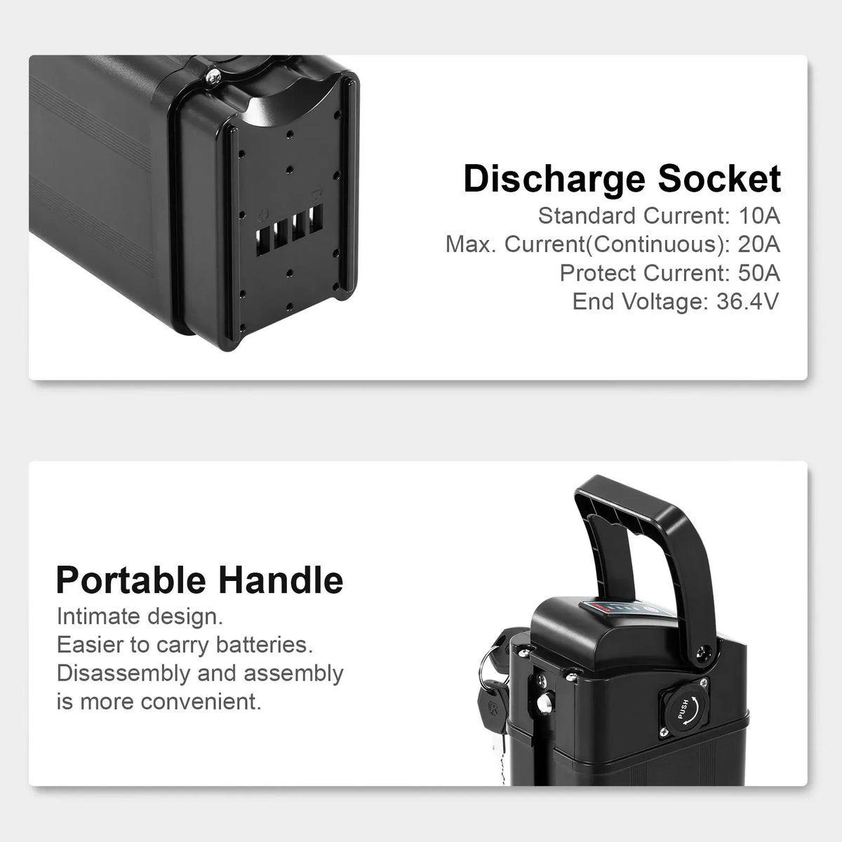 Two-panel product feature graphic showing a black portable battery. The top panel highlights the discharge socket with technical specs, and the bottom panel highlights the portable handle with features and disassembly ease.