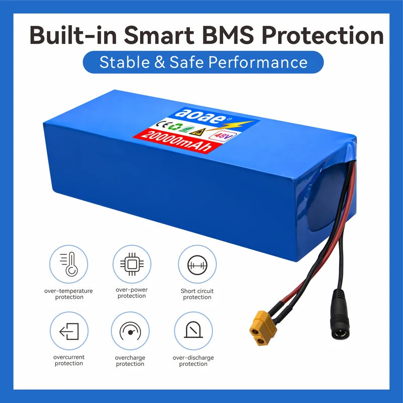 A blue rectangular lithium-ion battery pack with attached red and black wires and a gold connector, shown on a white background with marketing text reading 'Built-in Smart BMS Protection' and feature icons for over-temperature, over-power, short circuit, overcurrent, overcharge, and over-discharge protection.