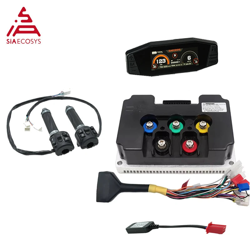SIAECOSYS electric vehicle power steering and brake controller kit, featuring a black digital display module, two black brake pedal assemblies with wiring, a black control module with colored terminal connectors, a black plastic tool, and various multi-colored wire harnesses, all arranged on a white background.