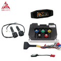 SIAECOSYS electric vehicle power steering and brake controller kit, featuring a black digital display module, two black brake pedal assemblies with wiring, a black control module with colored terminal connectors, a black plastic tool, and various multi-colored wire harnesses, all arranged on a white background.