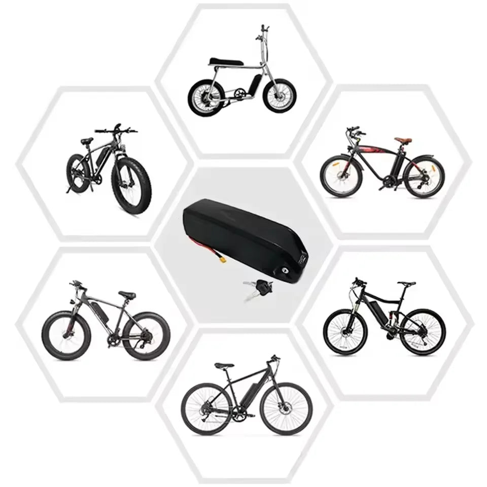 A central black rectangular battery pack with keys shown in the middle of a hexagonal layout, surrounded by six different electric bicycles on a white background.
