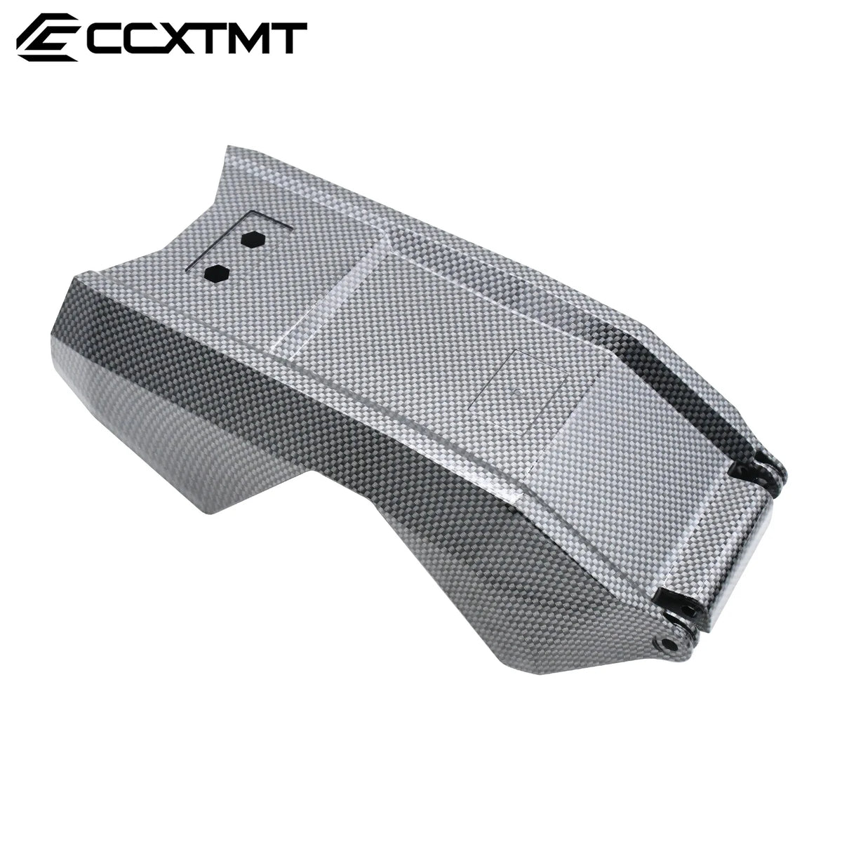 A carbon fiber textured metal part, likely a chassis component for RC cars, shown on a white background with the brand logo ECCXTMT in the top-left corner.
