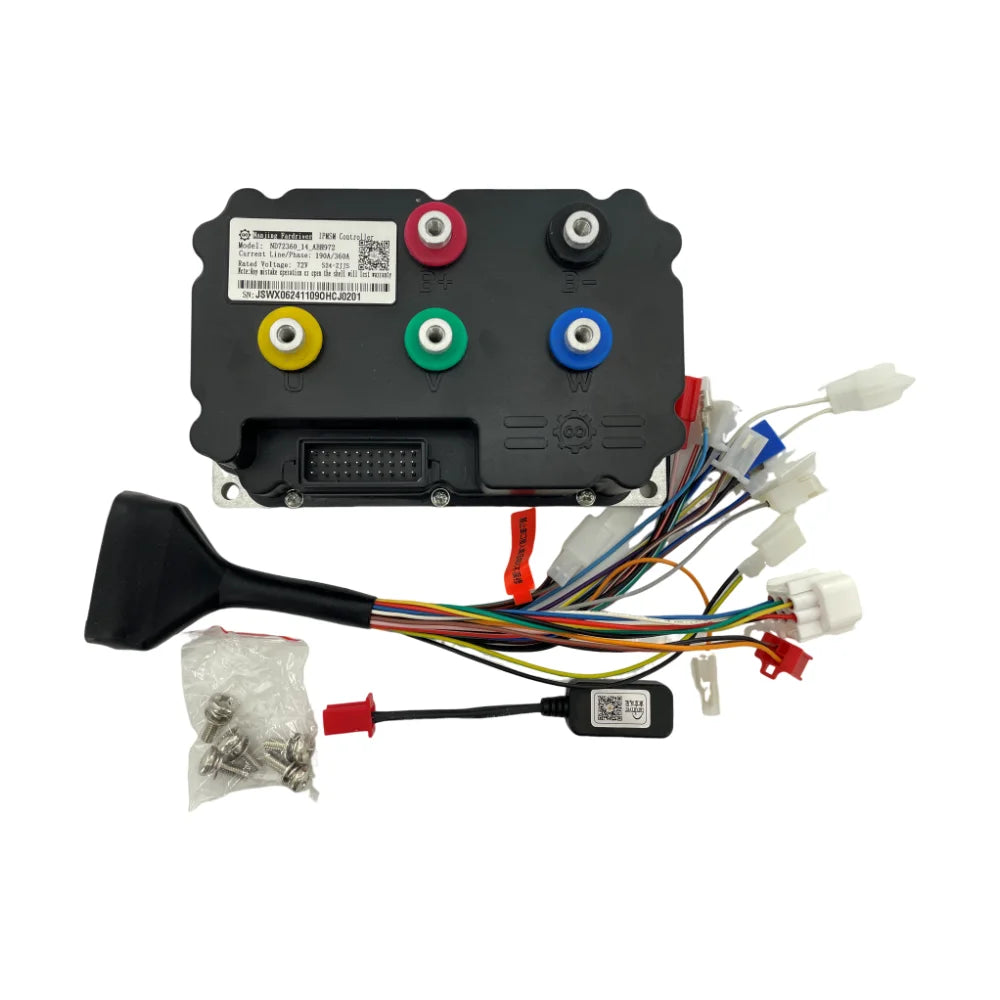 A black electric scooter or e-bike electronic control module with attached wiring, a black connector plug, a small bag of silver screws, and a white background.