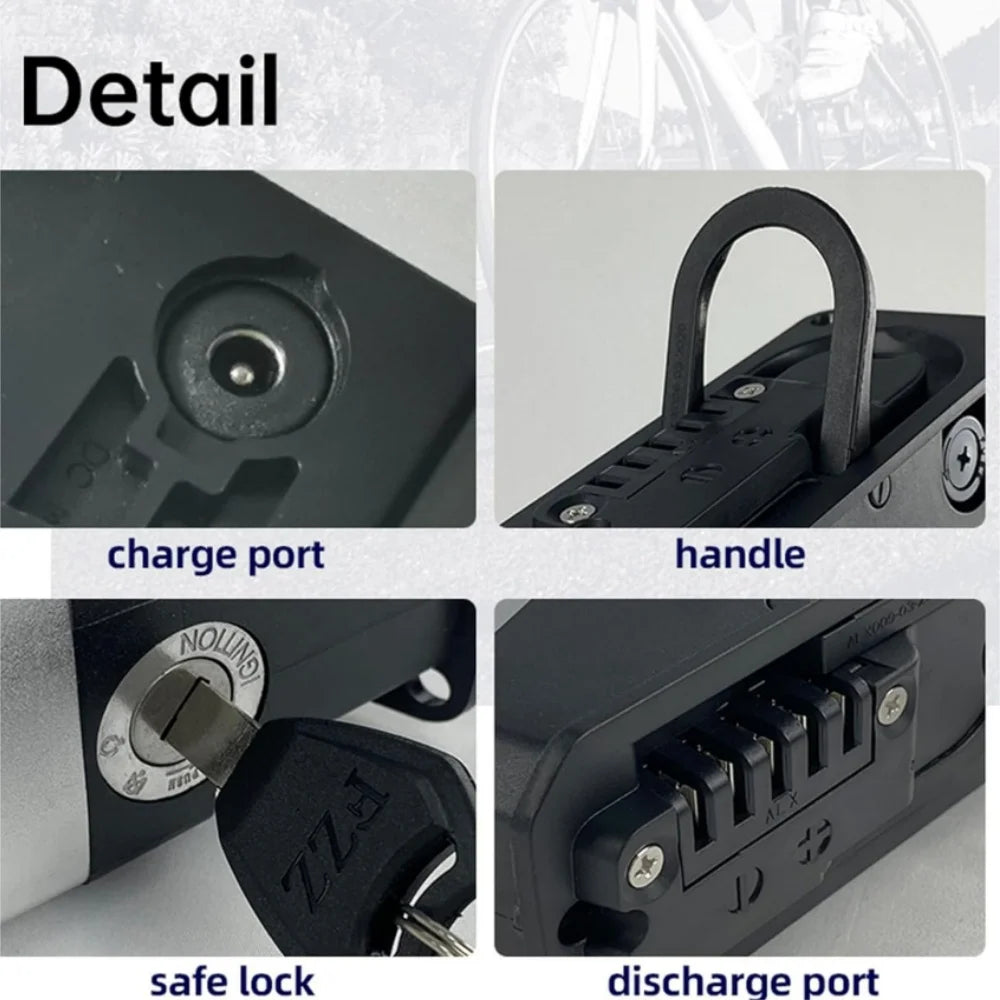 Four-panel detail view of a black portable power bank or charging device, showing the charge port, handle, safe lock with key, and discharge port, with the word 'Detail' at the top.