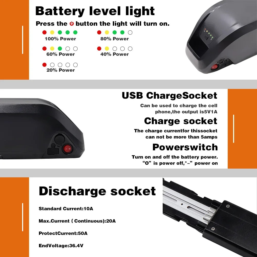 Technical specifications and features of a power switch with battery level indicator and charging sockets.