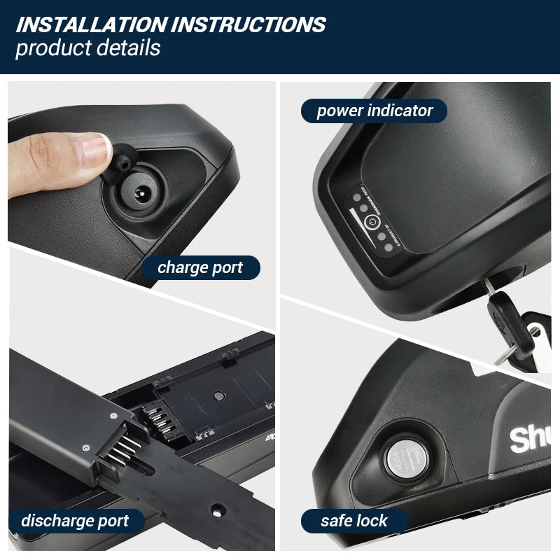 Installation instructions and product details collage showing close-up views of a black electronic device with labeled callouts: power indicator, charge port, discharge port, and safe lock. The top header reads 'INSTALLATION INSTRUCTIONS product details'.